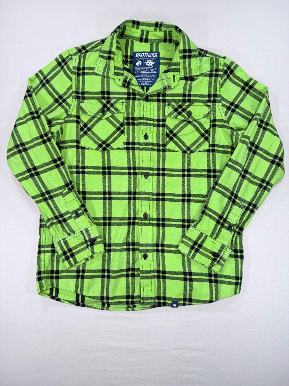 Brothers Boys Plaid Flannel Shirt XL 14 Lime Green Motorcycle Skull Graphic